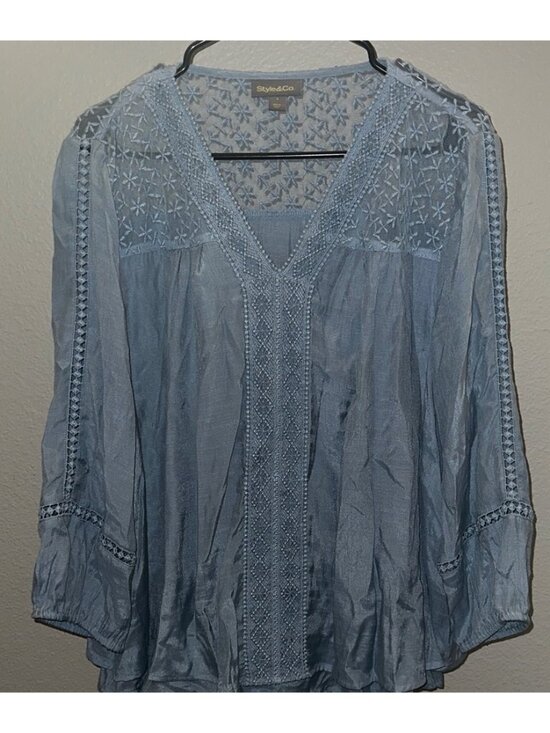 Tops - Women's Light Blue Lace Detail Blouse